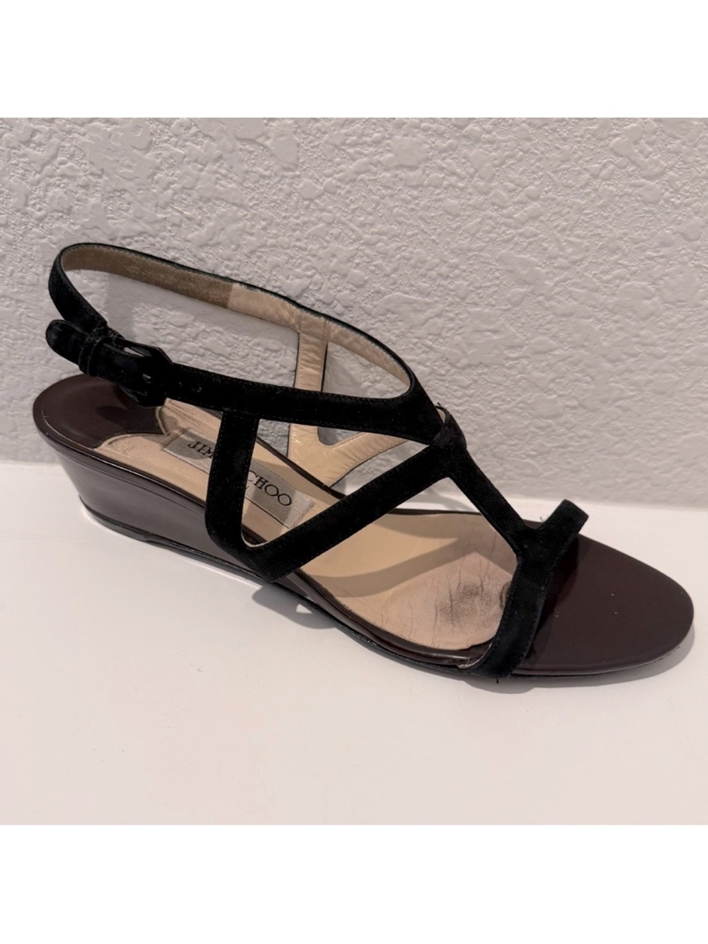 Jimmy Choo Wedge Sandals Black Suede and Chocolate Brown Patent Leather EU 39